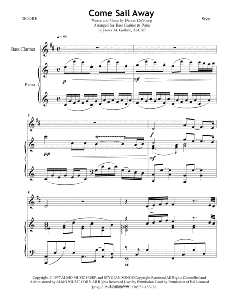 Styx Come Sail Away For Bass Clarinet Piano Sheet Music