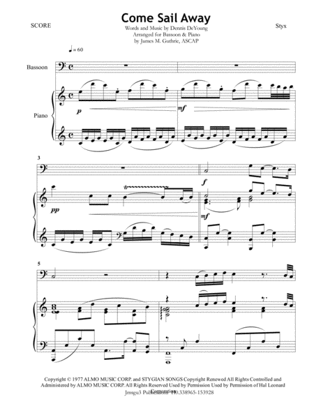 Styx Come Sail Away For Bassoon Piano Sheet Music