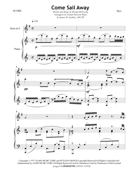 Free Sheet Music Styx Come Sail Away For French Horn Piano