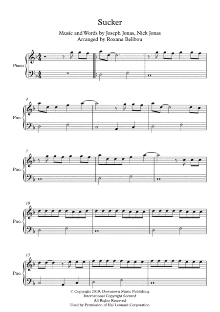 Sucker D Minor By Jonas Brothers Easy Piano Sheet Music