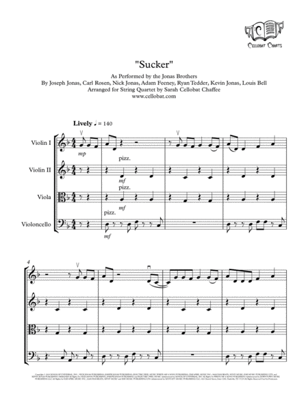 Free Sheet Music Sucker String Quartet Jonas Brothers Arr Cellobat