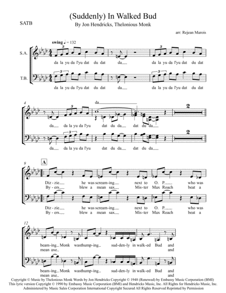 Free Sheet Music Suddenly In Walked Bud