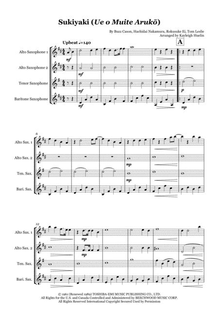 Sukiyaki Ue O Muite Aruk By Kyu Sakamoto Saxophone Quartet Aatb Sheet Music