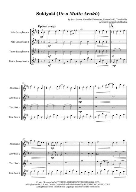 Free Sheet Music Sukiyaki Ue O Muite Aruk By Kyu Sakamoto Saxophone Quartet Aatt