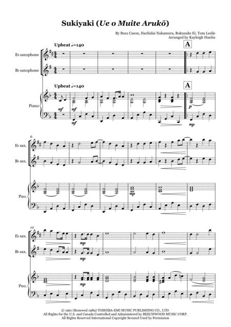 Free Sheet Music Sukiyaki Ue O Muite Aruk By Kyu Sakamoto Solo Saxophone In Eb Bb With Piano