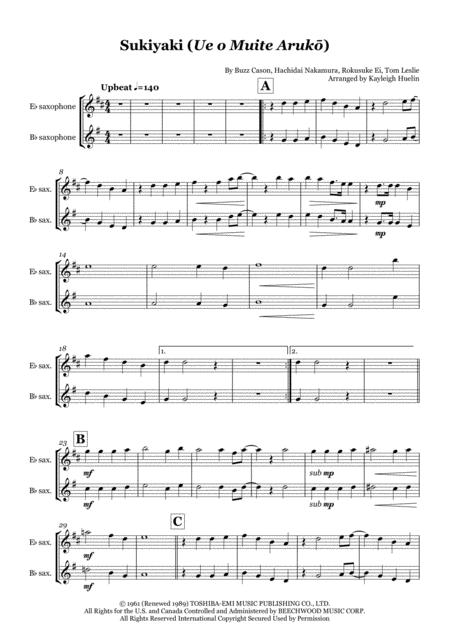 Free Sheet Music Sukiyaki Ue O Muite Aruk By Kyu Sakamoto Solo Saxophone In Eb Bb