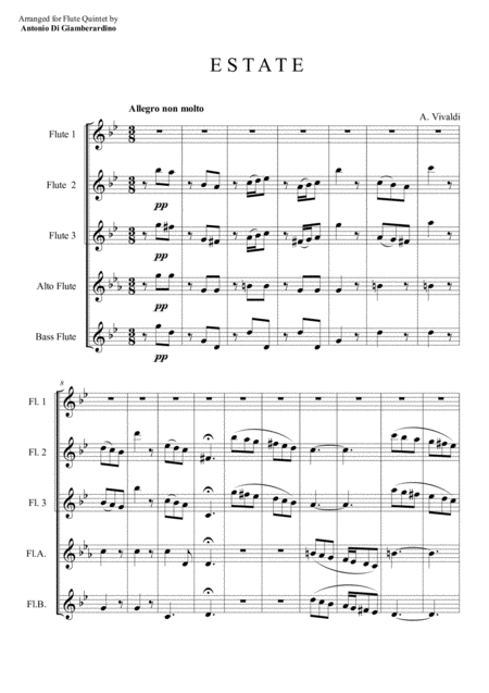 Summer Four Seasons For Flute Quintet Flute Choir Sheet Music