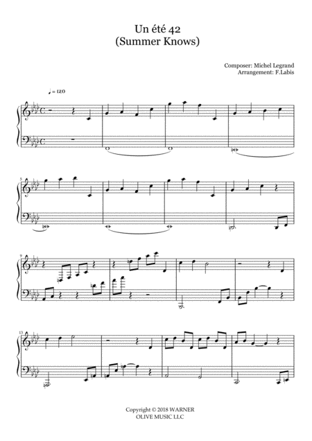 Free Sheet Music Summer Knows Summer Of 42 Theme
