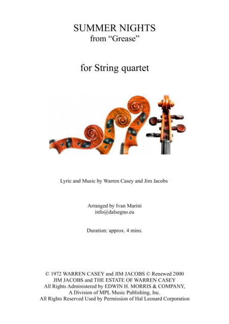 Free Sheet Music Summer Nights From Grease For String Quartet