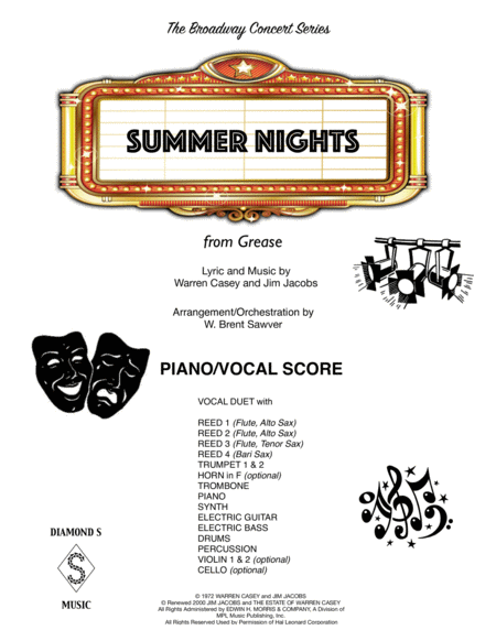 Free Sheet Music Summer Nights Piano Vocal Score