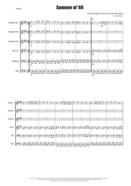 Free Sheet Music Summer Of 69 For Brassensemble