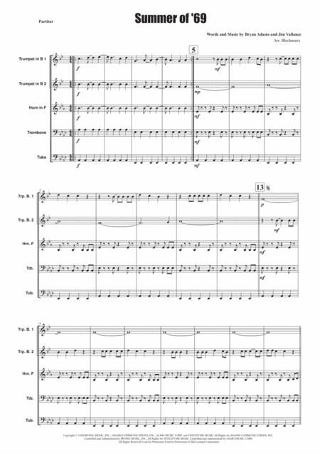 Summer Of 69 For Brassqintet Easy Version Sheet Music