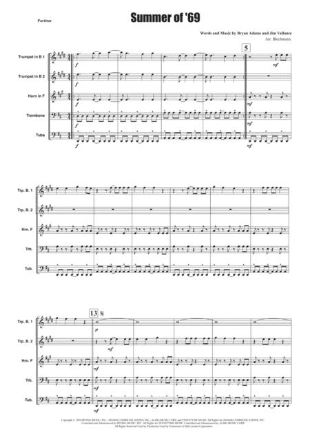 Summer Of 69 For Brassquintet Sheet Music