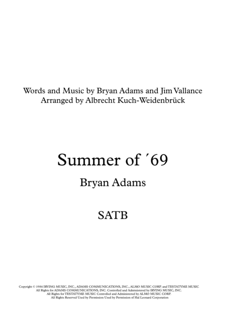 Summer Of 69 For Choir Satb A Capella Sheet Music