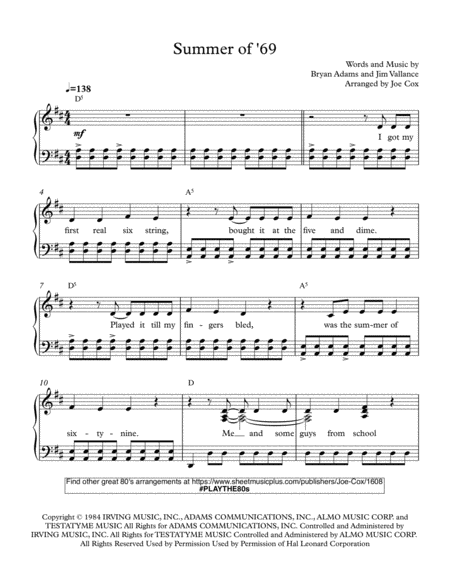 Free Sheet Music Summer Of 69