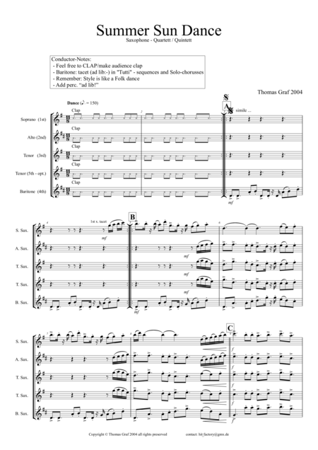 Free Sheet Music Summer Sun Dance Sax Quartet