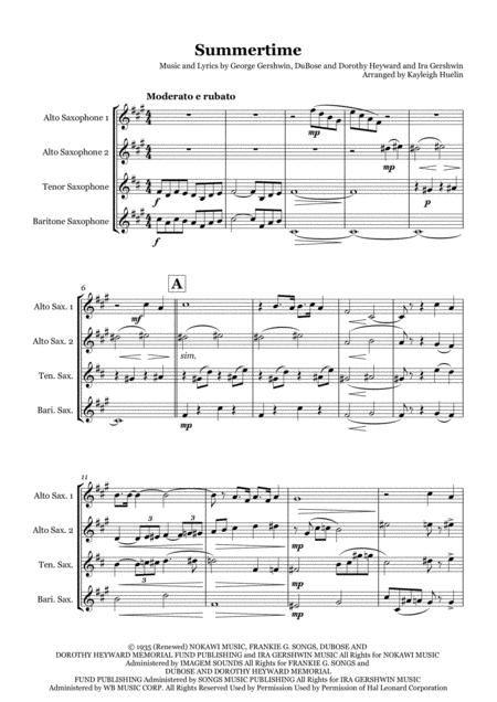 Summertime By George And Ira Gershwin Saxophone Quartet Aatb Sheet Music