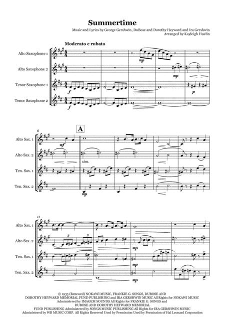 Summertime By George And Ira Gershwin Saxophone Quartet Aatt Sheet Music