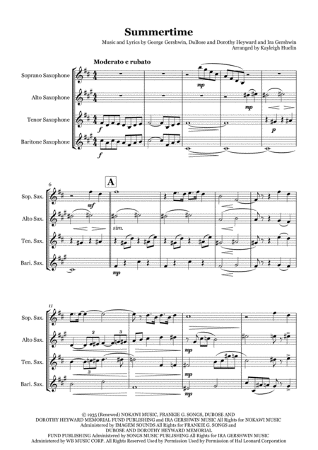 Summertime By George And Ira Gershwin Saxophone Quartet Satb Sheet Music