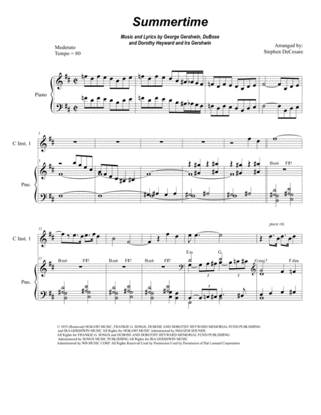 Free Sheet Music Summertime Duet For C Instruments