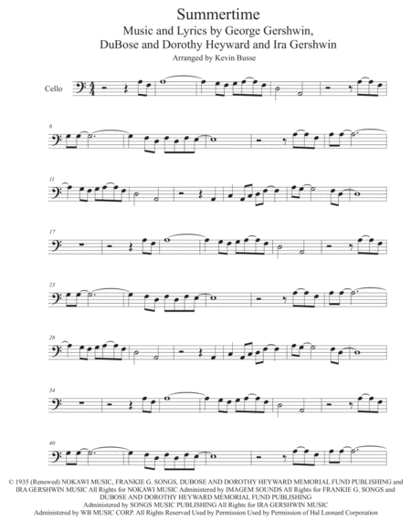 Summertime Easy Key Of C Cello Sheet Music