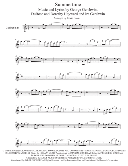 Summertime Easy Key Of C Clarinet Sheet Music