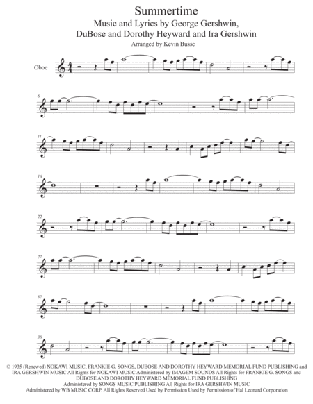 Summertime Easy Key Of C Oboe Sheet Music