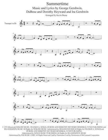 Summertime Easy Key Of C Trumpet Sheet Music