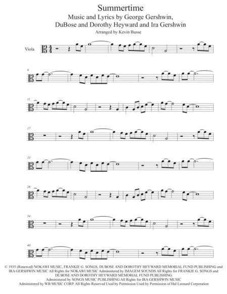 Summertime Easy Key Of C Viola Sheet Music