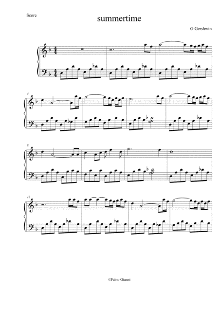 Free Sheet Music Summertime Easy Piano