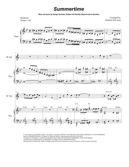Free Sheet Music Summertime For Bb Trumpet Solo
