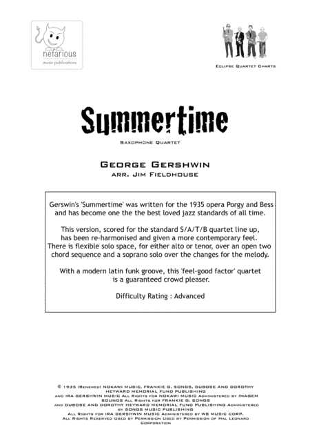 Free Sheet Music Summertime For Sax Quartet