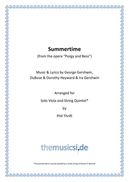 Free Sheet Music Summertime For Solo Viola String Quintet