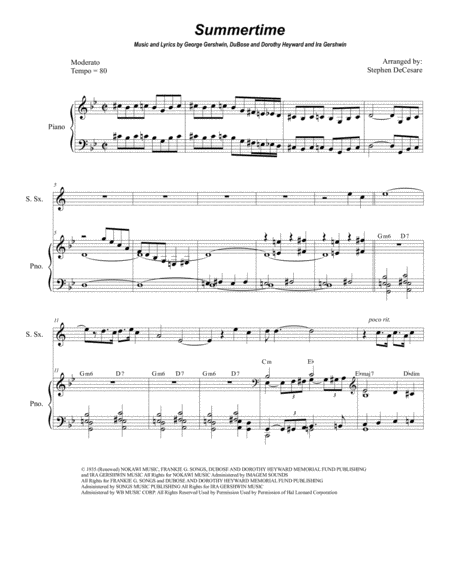 Free Sheet Music Summertime For Soprano Saxophone Solo