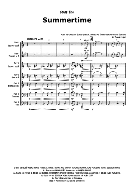 Summertime G Gershwin Ballad Brass Trio Sheet Music