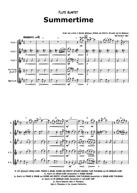 Summertime Gershwin Ballad Flute Quartet Sheet Music