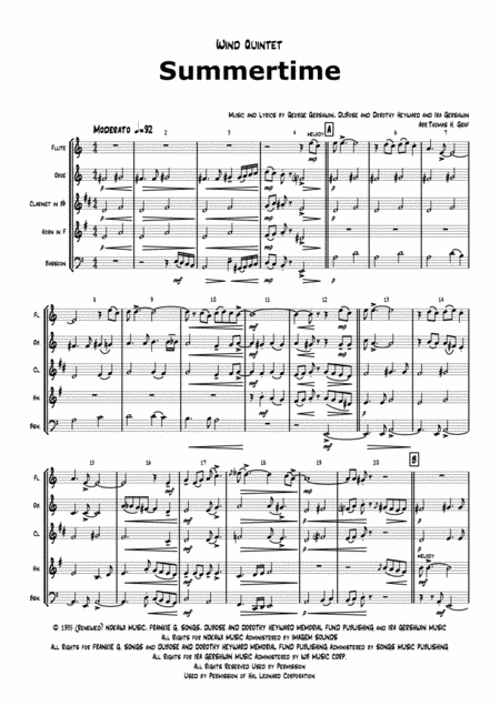 Summertime Gershwin Ballad Wind Quintet Sheet Music