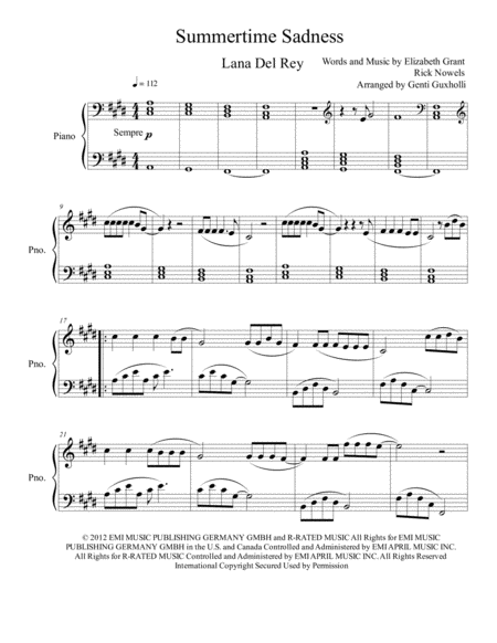 Free Sheet Music Summertime Sadness Piano Solo