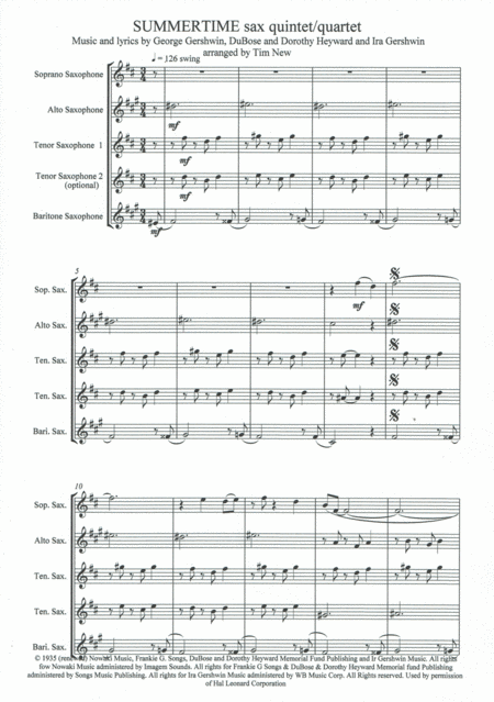 Summertime Sax Quintet Quartet Sheet Music