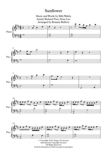 Sunflower By Post Malone Ft Swae Lee Easy Piano Sheet Music