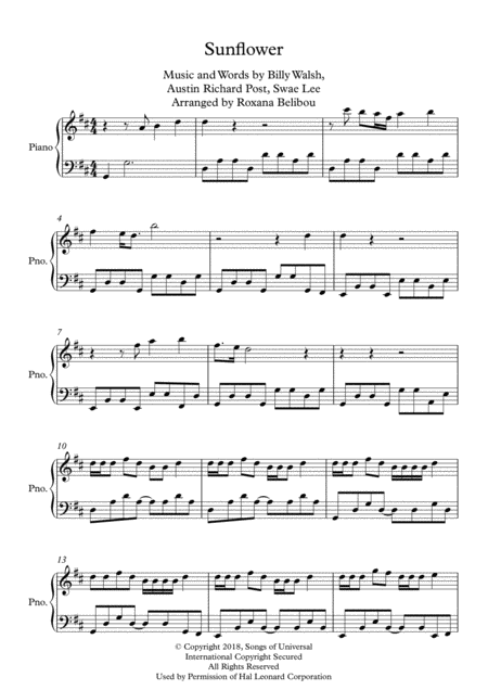 Sunflower By Post Malone Ft Swae Lee Piano Sheet Music