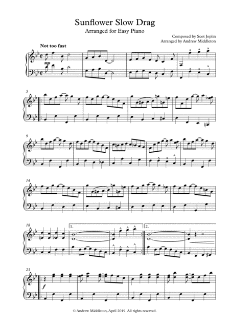 Sunflower Slow Drag Arranged For Easy Piano Sheet Music