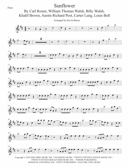 Sunflower Spider Man Into The Spider Verse Flute Original Key Sheet Music