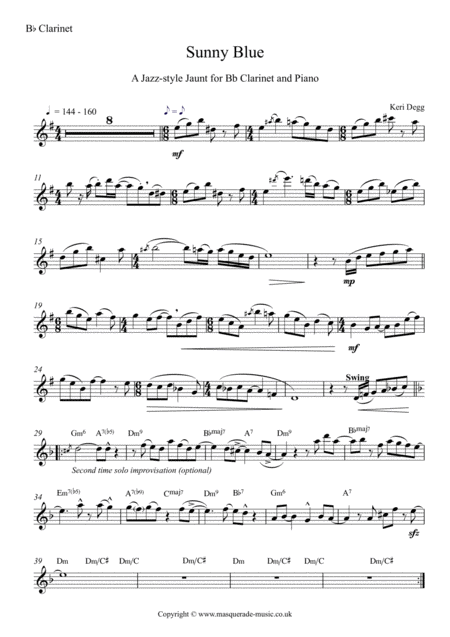 Sunny Blue A Jazz Style Jaunt For Bb Clarinet And Piano Improvisation Optional Or Use Solos Provided Sheet Music