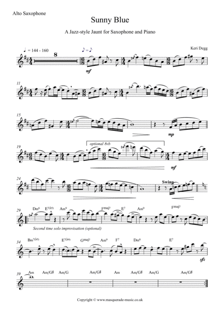 Sunny Blue A Jazz Style Jaunt For Eb Or Bb Saxophone And Piano Improvisation Optional Or Use Solos Provided Sheet Music