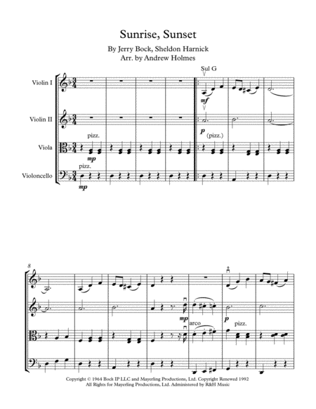 Sunrise Sunset For String Quartet Sheet Music