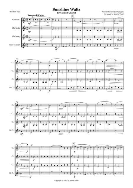 Free Sheet Music Sunshine Waltz For Clarinet Quartet