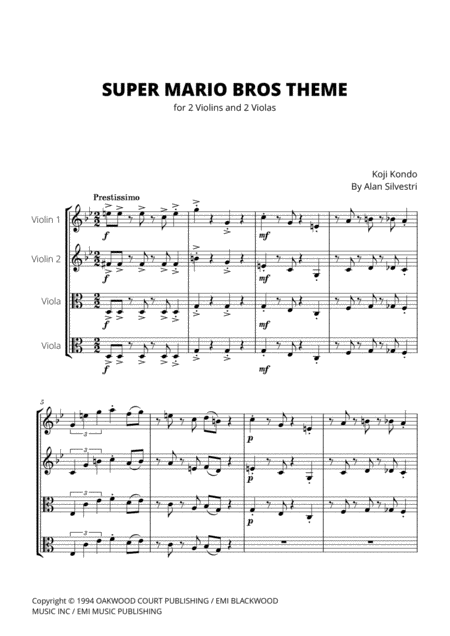 Free Sheet Music Super Mario Bros Theme For 2 Violins And 2 Violas