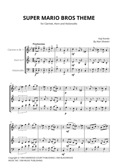 Super Mario Bros Theme For Clarinet French Horn And Violoncello Sheet Music
