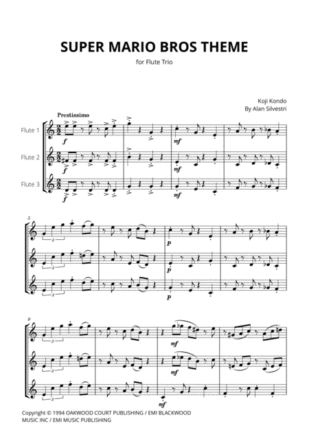 Super Mario Bros Theme For Flute Trio Sheet Music